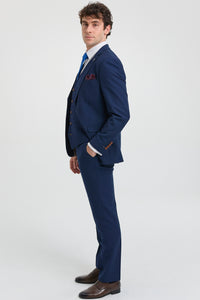 Traje de hombre azul marino de 3 piezas con ribete marrón, clásico, ojo de perdiz, vintage, para bodas y novios.