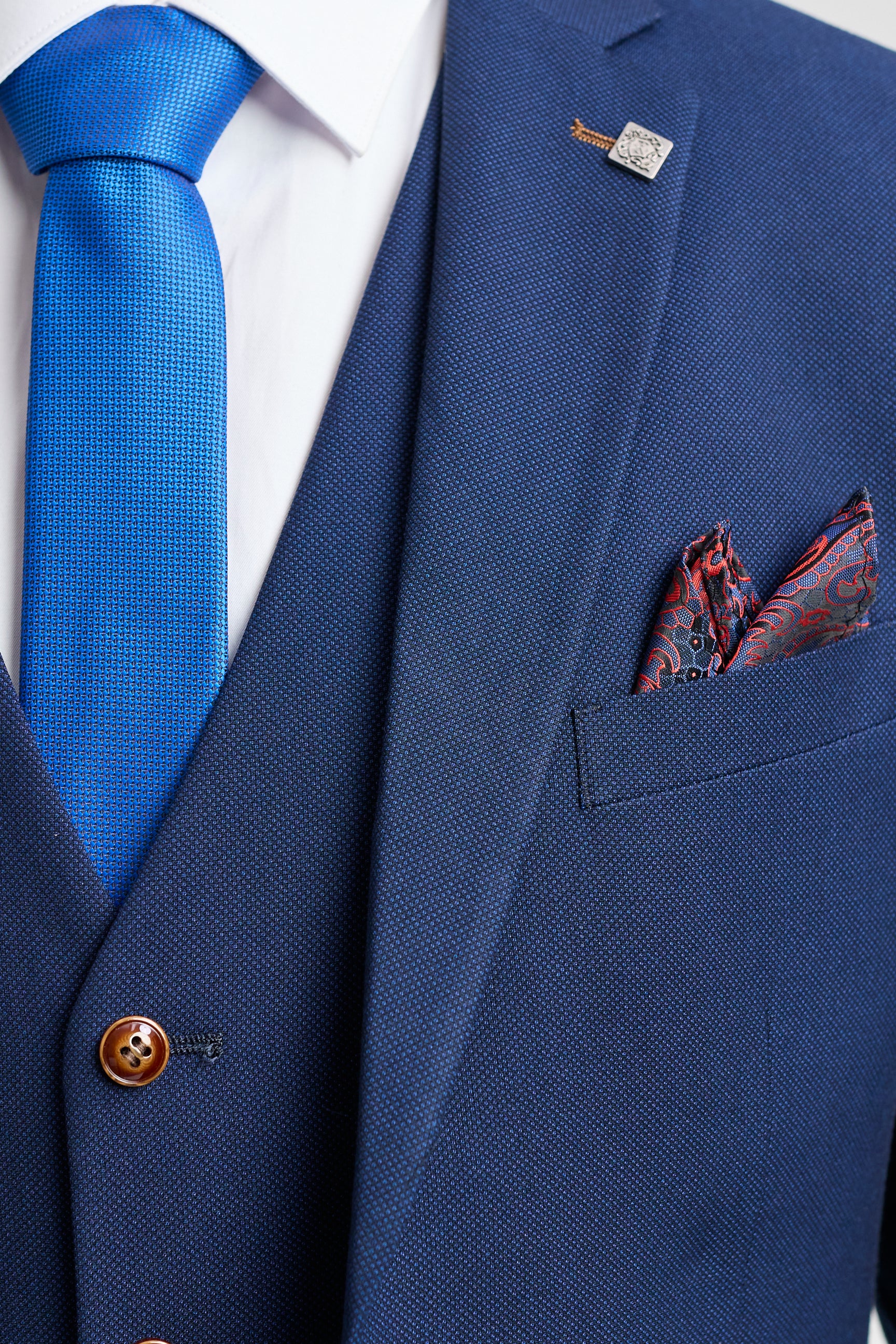 Traje de hombre azul marino de 3 piezas con ribete marrón, clásico, ojo de perdiz, vintage, para bodas y novios.