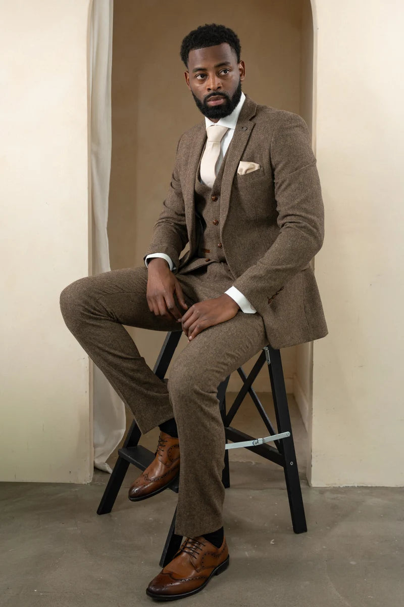 Oscar - Traje de hombre de 3 piezas de tweed de mezcla de lana marrón