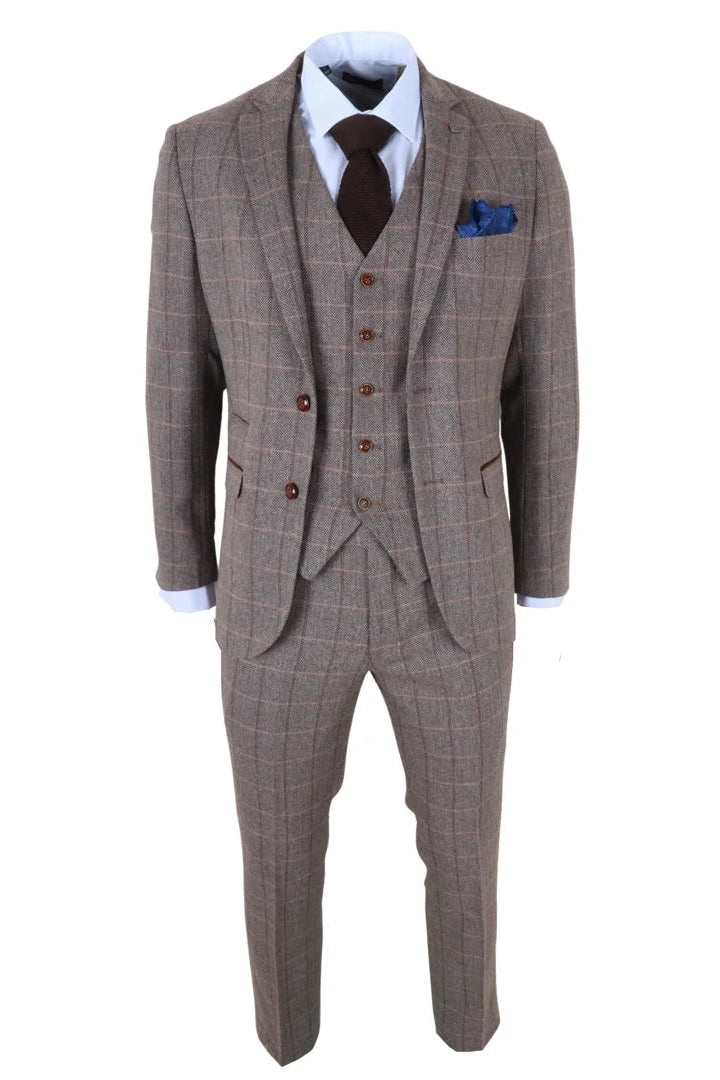 Harris - Traje de tweed de tres piezas para hombre, color marrón, con estampado de espiga.