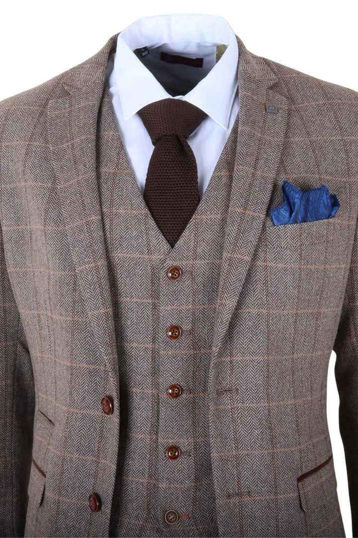 Harris - Traje de tweed de tres piezas para hombre, color marrón, con estampado de espiga.
