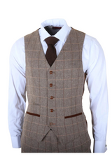 Harris - Traje de tweed de tres piezas para hombre, color marrón, con estampado de espiga.
