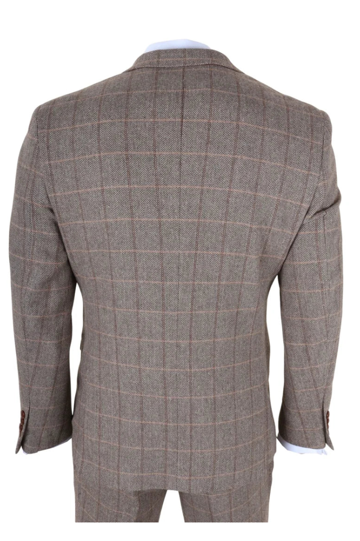 Harris - Traje de tweed de tres piezas para hombre, color marrón, con estampado de espiga.