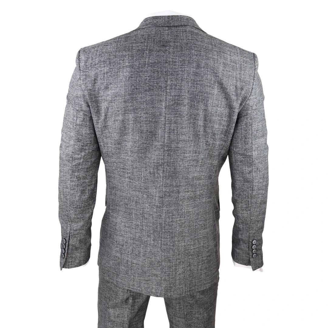 Traje de hombre de 3 piezas, gris y negro, texturizado, corte entallado, ideal para bodas, graduaciones, fiestas y ocasiones formales.