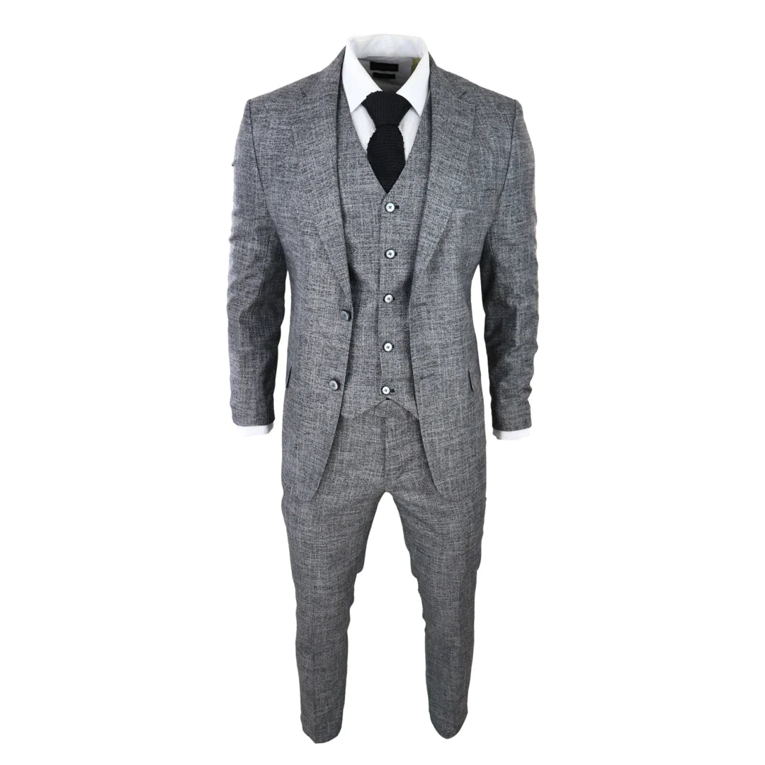 Traje de hombre de 3 piezas, gris y negro, texturizado, corte entallado, ideal para bodas, graduaciones, fiestas y ocasiones formales.