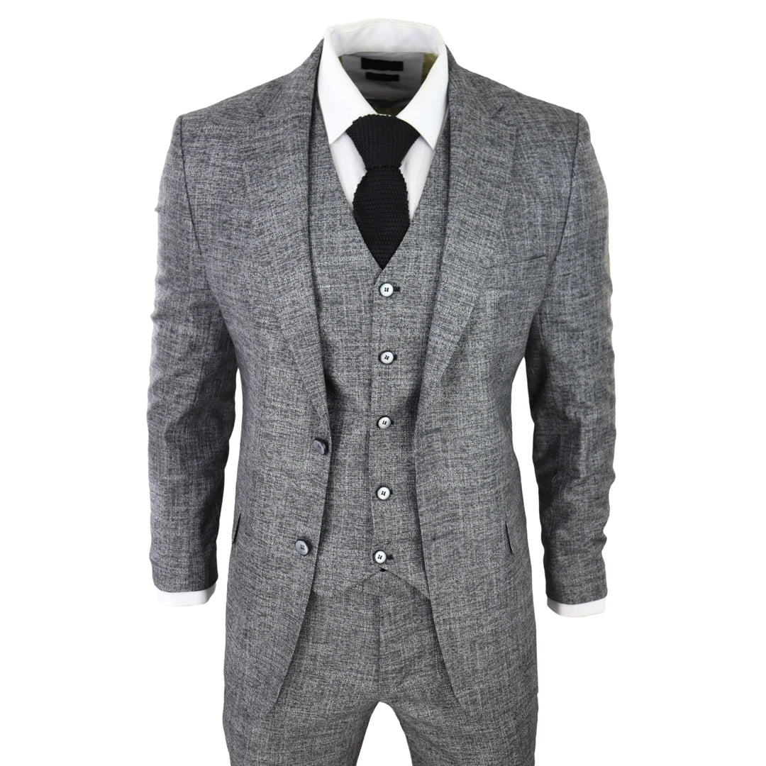 Traje de hombre de 3 piezas, gris y negro, texturizado, corte entallado, ideal para bodas, graduaciones, fiestas y ocasiones formales.
