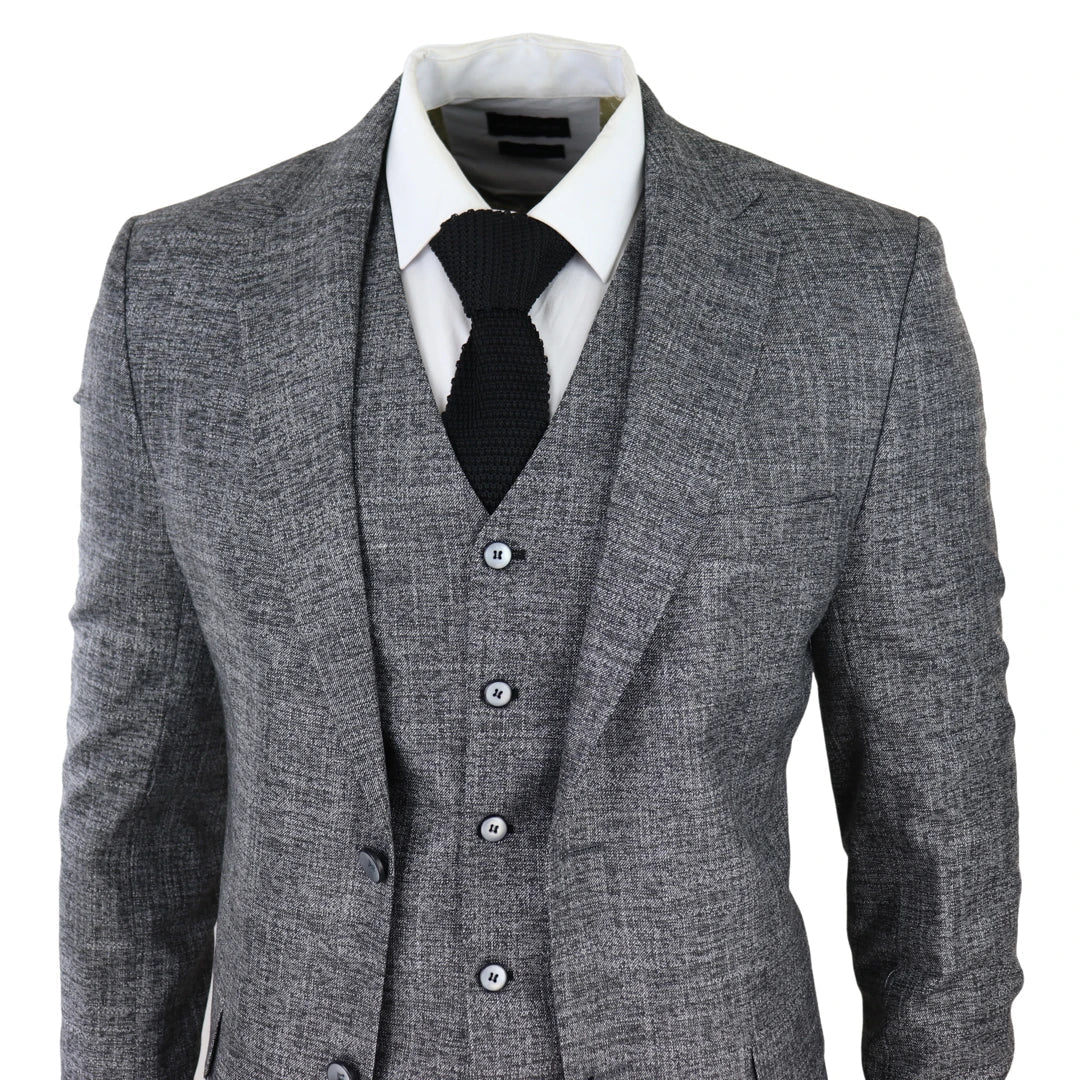 Traje de hombre de 3 piezas, gris y negro, texturizado, corte entallado, ideal para bodas, graduaciones, fiestas y ocasiones formales.