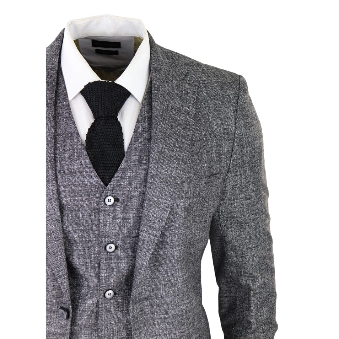 Traje de hombre de 3 piezas, gris y negro, texturizado, corte entallado, ideal para bodas, graduaciones, fiestas y ocasiones formales.