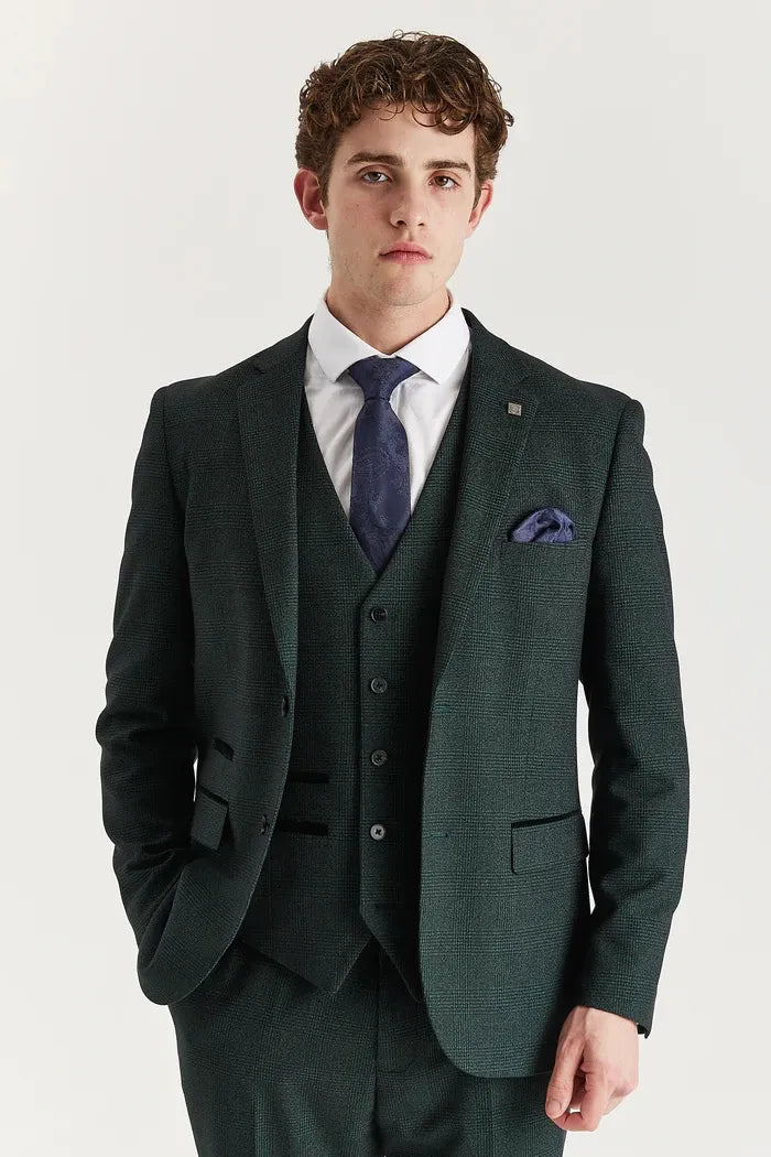 Regent - Traje de tres piezas verde para hombre con estampado Príncipe de Gales.