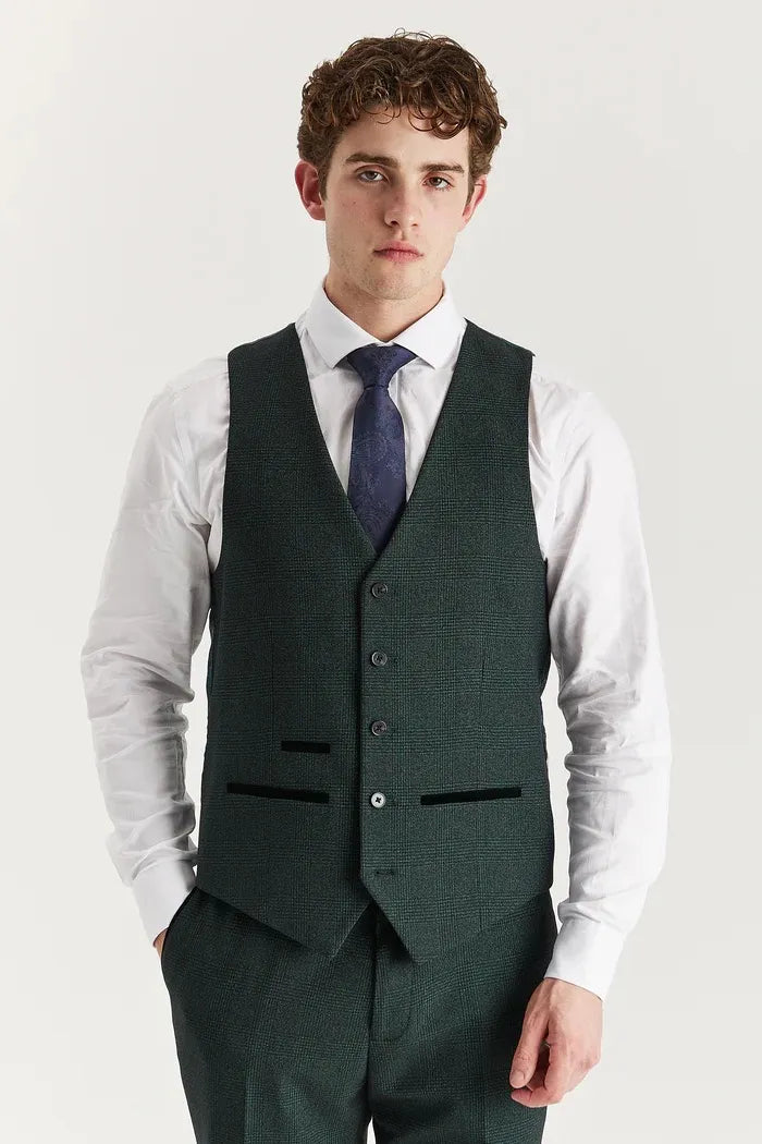 Regent - Traje de tres piezas verde para hombre con estampado Príncipe de Gales.