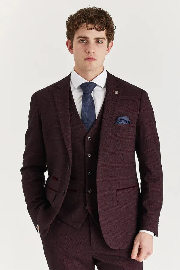 Regent - Traje de tres piezas a cuadros Príncipe de Gales para hombre, color vino.