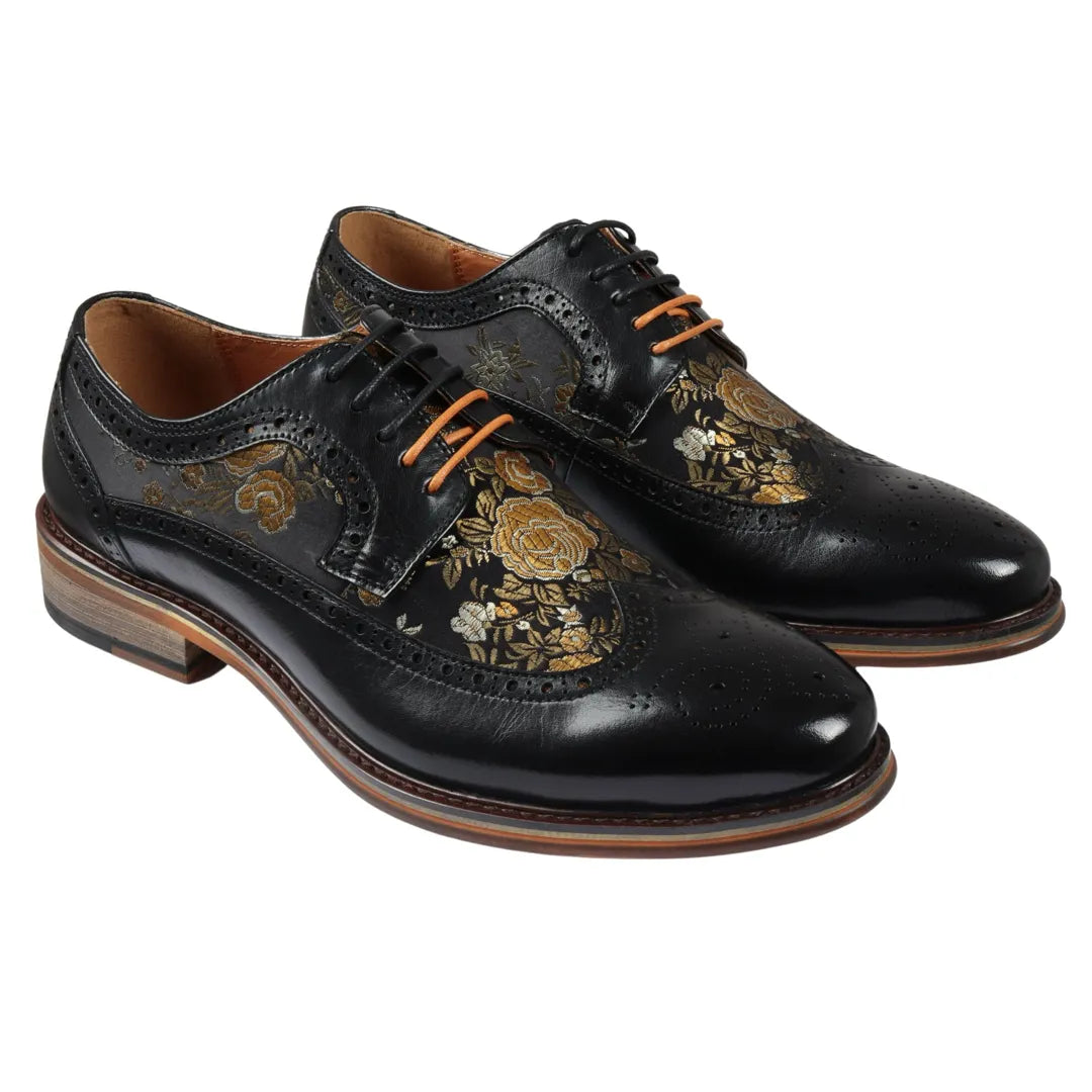 Ross - Zapatos brogue de cuero negro con estampado floral para hombre