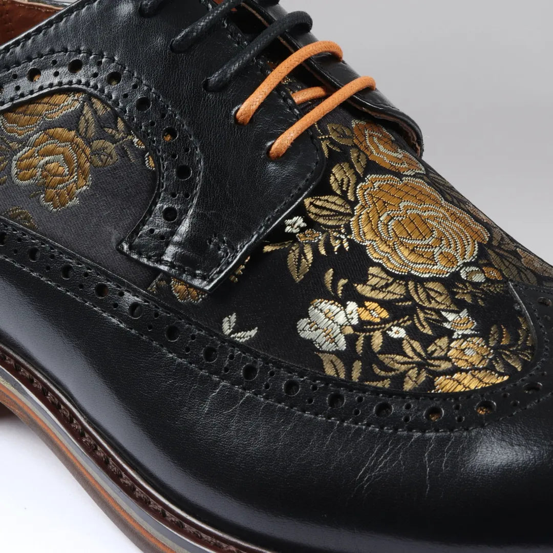 Ross - Zapatos brogue de cuero negro con estampado floral para hombre