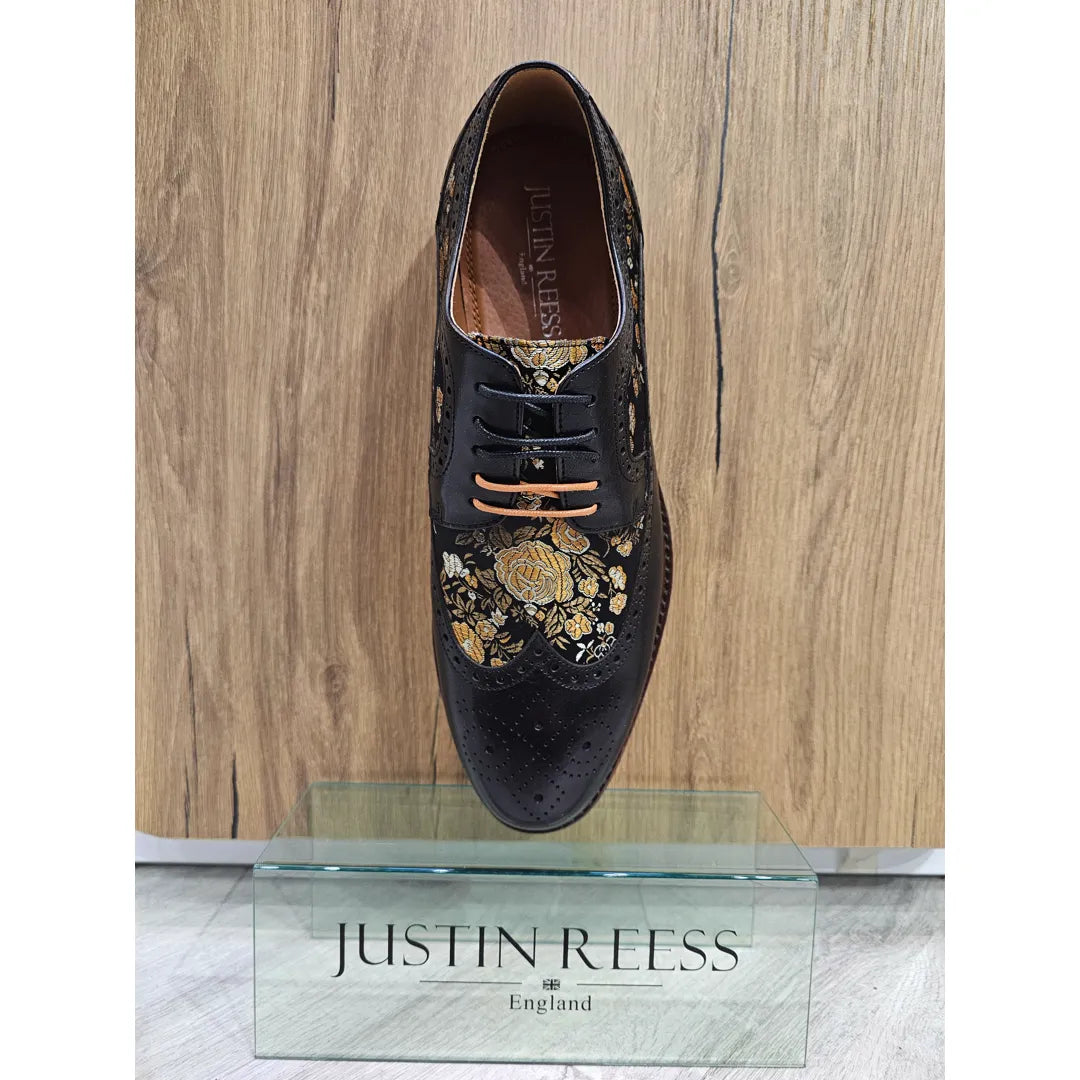 Ross - Zapatos brogue de cuero negro con estampado floral para hombre