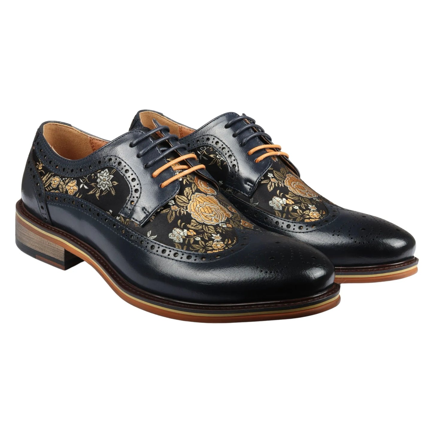 Ross - Zapatos brogue de cuero azul marino con estampado floral para hombre