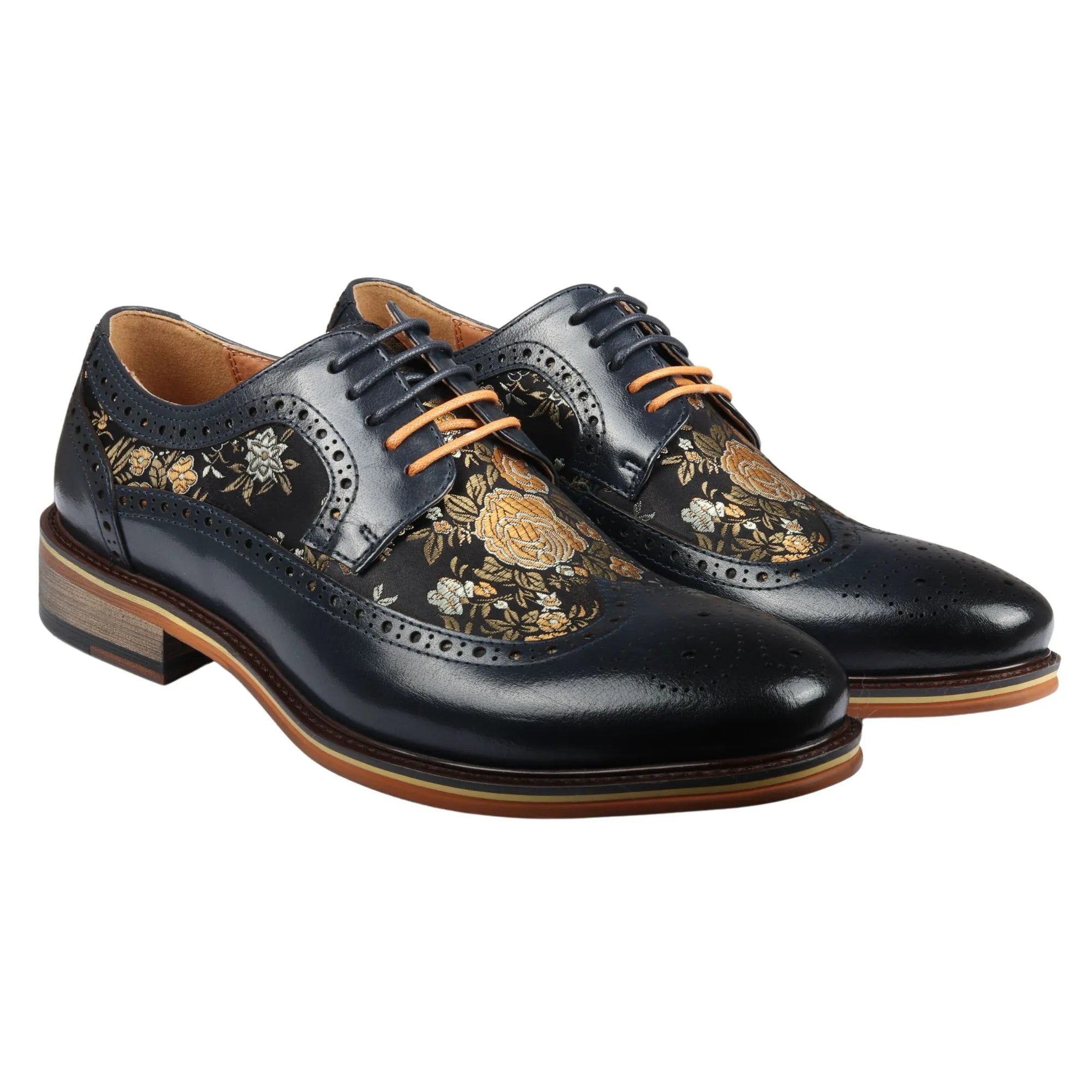 Ross - Zapatos brogue de cuero azul marino con estampado floral para hombre