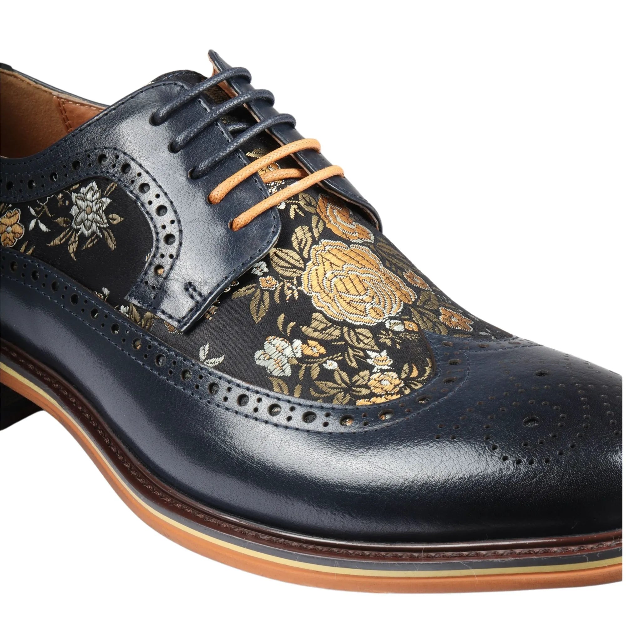 Ross - Zapatos brogue de cuero azul marino con estampado floral para hombre