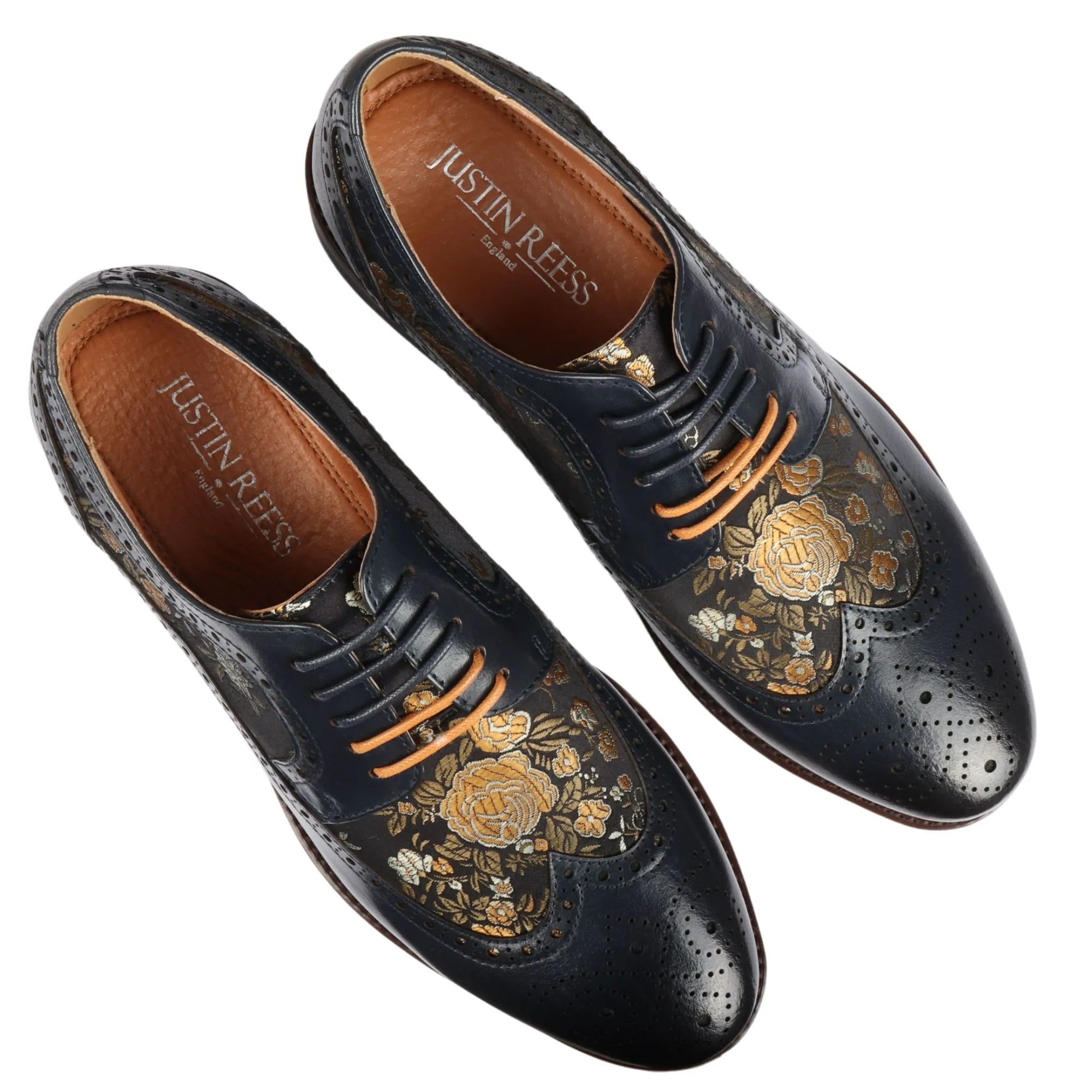 Ross - Zapatos brogue de cuero azul marino con estampado floral para hombre
