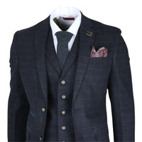 Traje de tres piezas de tweed azul marino de corte ajustado para hombre de Ryan