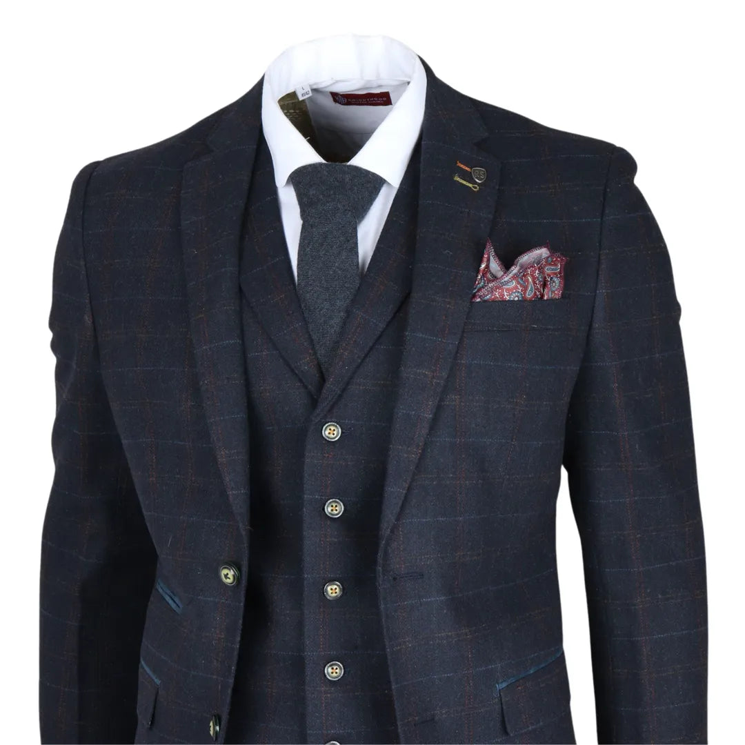 Traje de tres piezas de tweed azul marino de corte ajustado para hombre de Ryan