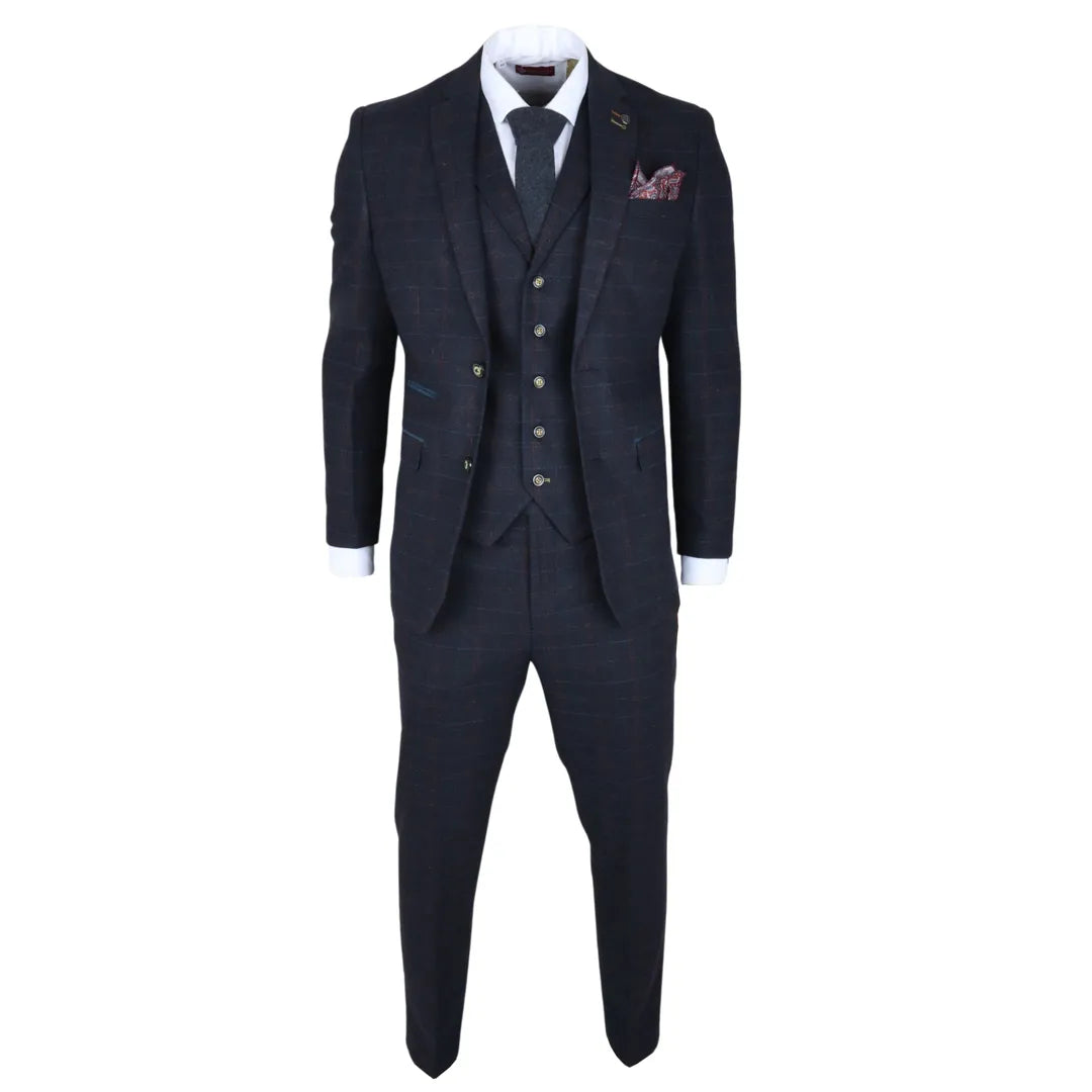 Traje de tres piezas de tweed azul marino de corte ajustado para hombre de Ryan
