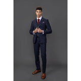 Traje de tres piezas de tweed azul marino de corte ajustado para hombre de Ryan
