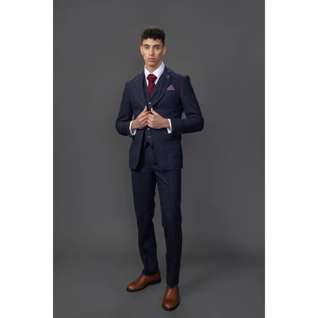 Traje de tres piezas de tweed azul marino de corte ajustado para hombre de Ryan
