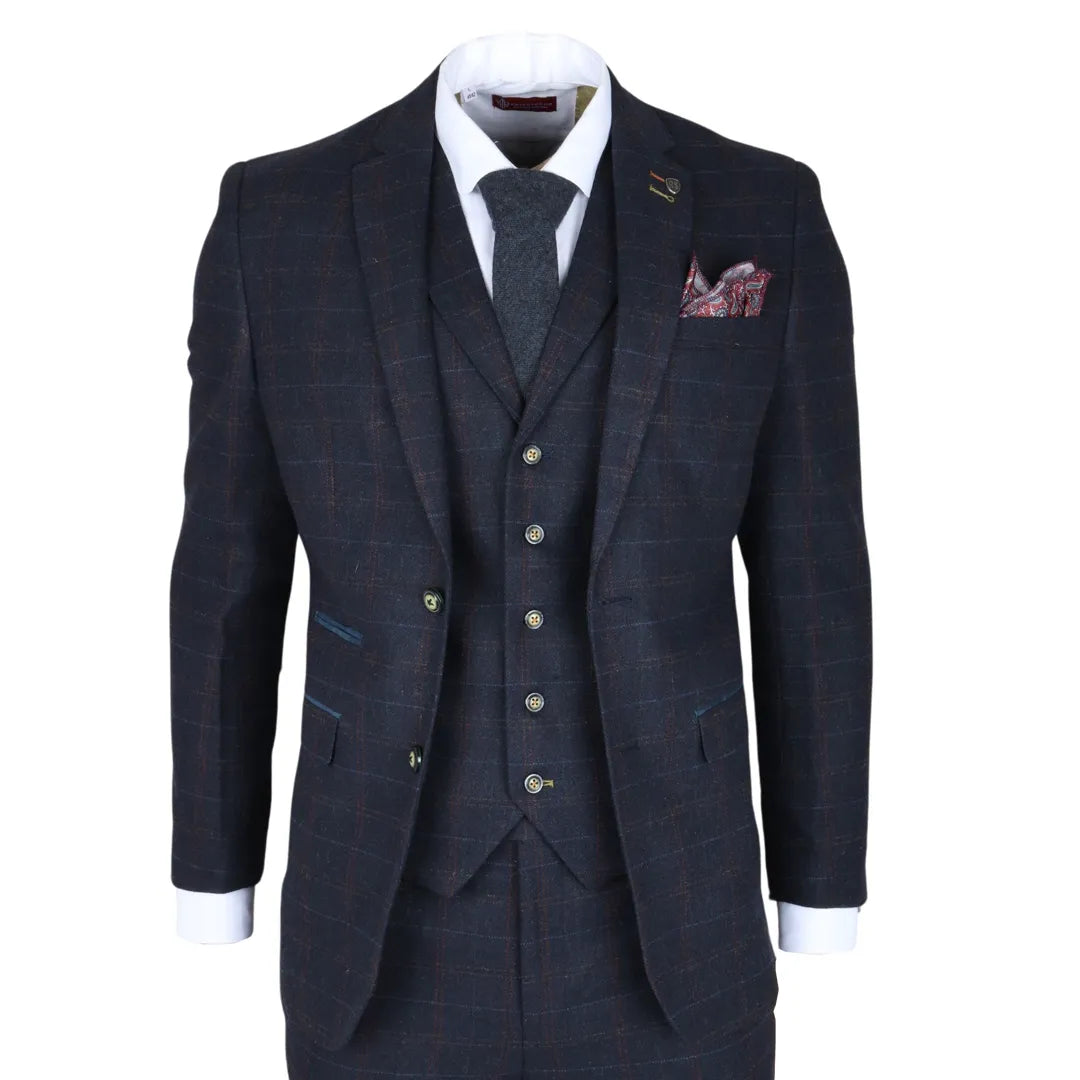 Traje de tres piezas de tweed azul marino de corte ajustado para hombre de Ryan