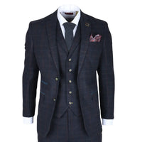 Traje de tres piezas de tweed azul marino de corte ajustado para hombre de Ryan