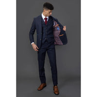 Traje de tres piezas de tweed azul marino de corte ajustado para hombre de Ryan