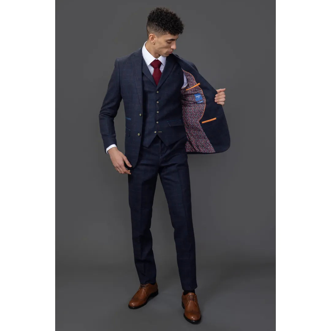 Traje de tres piezas de tweed azul marino de corte ajustado para hombre de Ryan