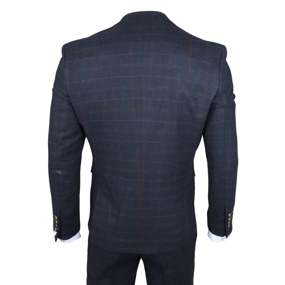 Traje de tres piezas de tweed azul marino de corte ajustado para hombre de Ryan