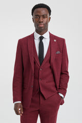 Traje de tweed de 3 piezas para hombre con estampado de espiga color vino granate - STZ11
