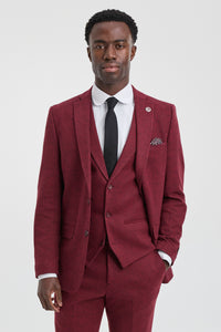 Traje de tweed de 3 piezas para hombre con estampado de espiga color vino granate - STZ11