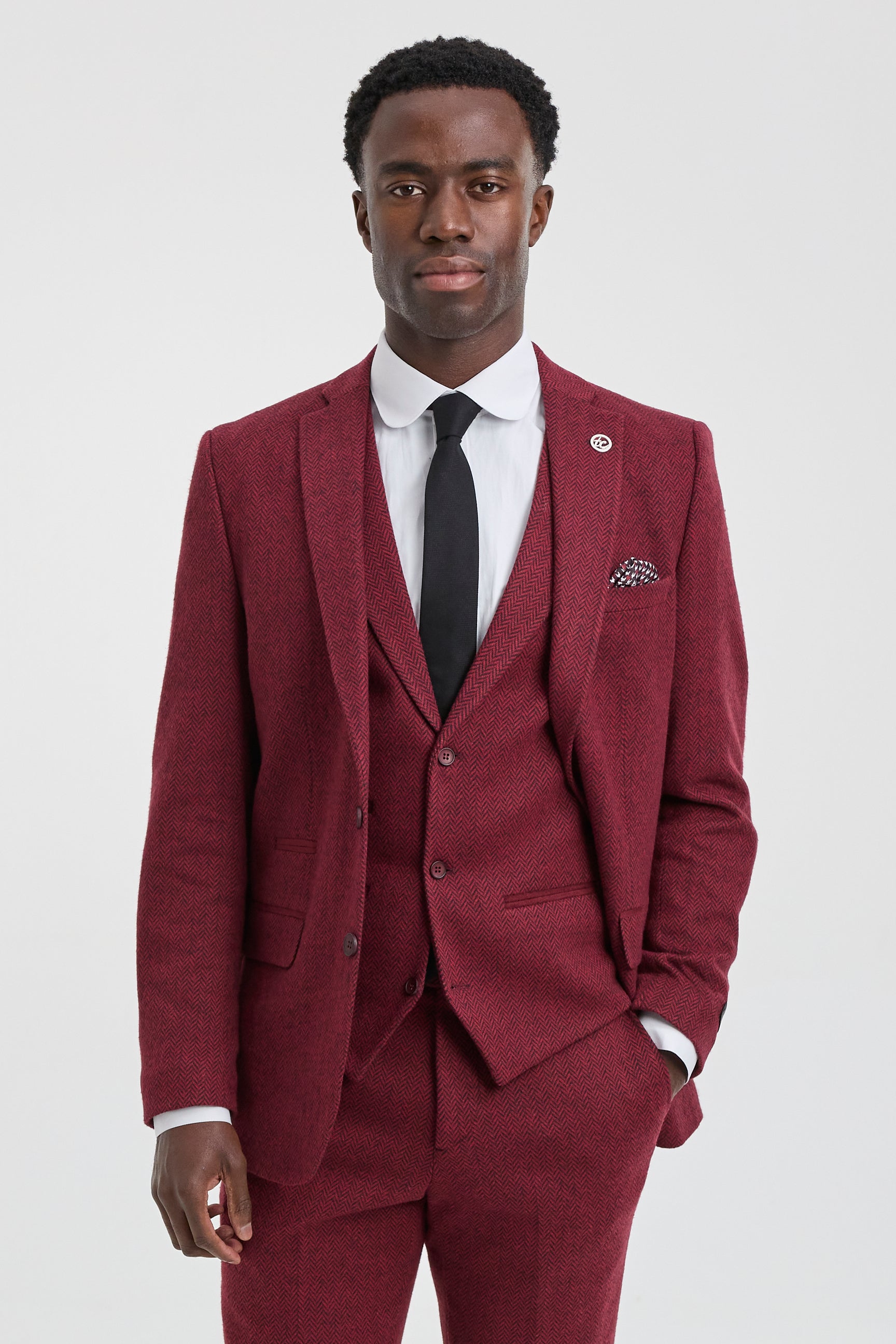 Traje de tweed de 3 piezas para hombre con estampado de espiga color vino granate - STZ11