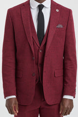 Traje de tweed de 3 piezas para hombre con estampado de espiga color vino granate - STZ11