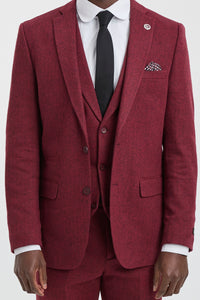 Traje de tweed de 3 piezas para hombre con estampado de espiga color vino granate - STZ11