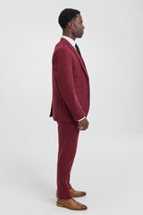 Traje de tweed de 3 piezas para hombre con estampado de espiga color vino granate - STZ11