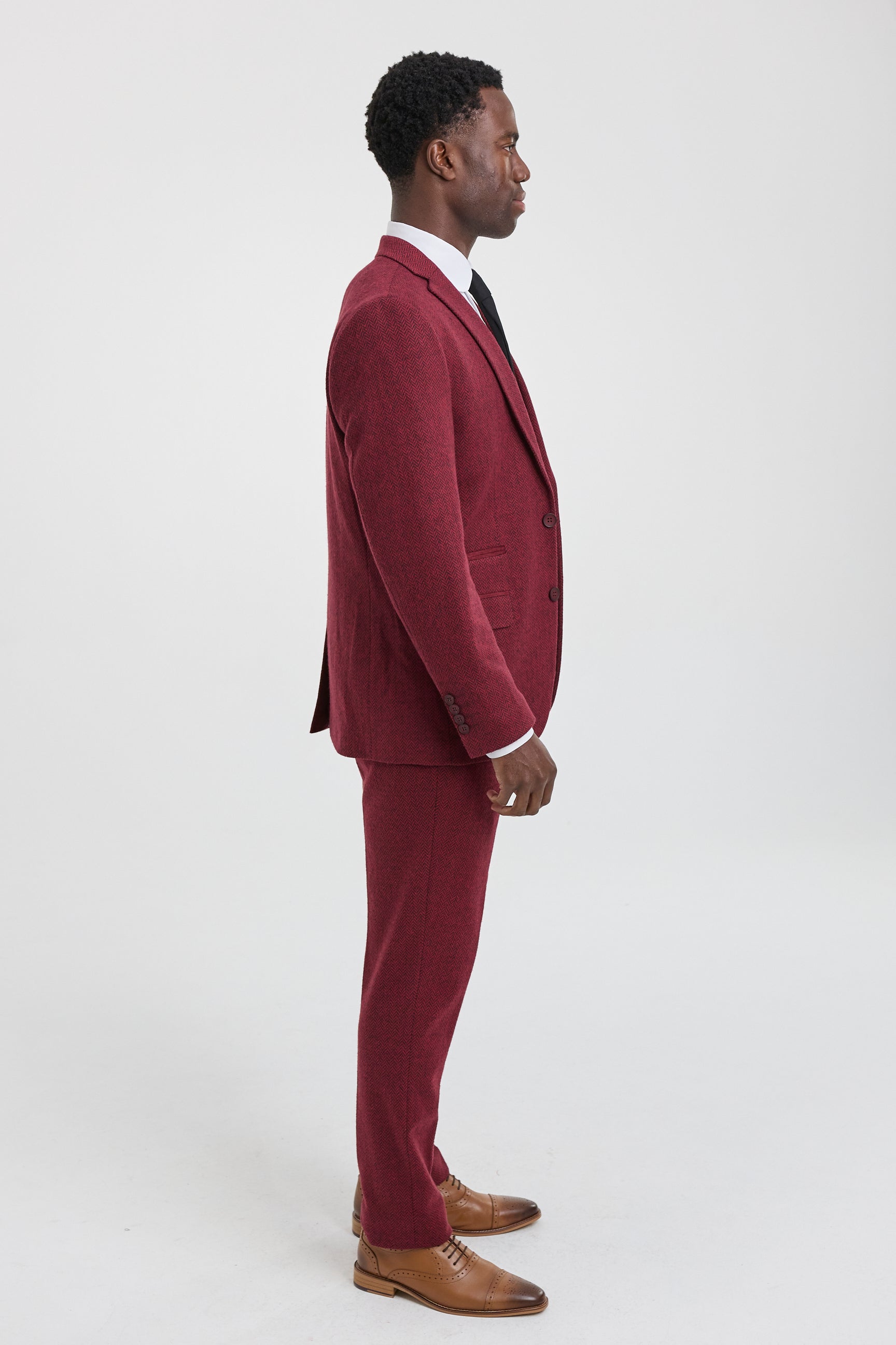 Traje de tweed de 3 piezas para hombre con estampado de espiga color vino granate - STZ11
