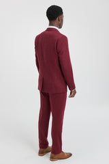 Traje de tweed de 3 piezas para hombre con estampado de espiga color vino granate - STZ11