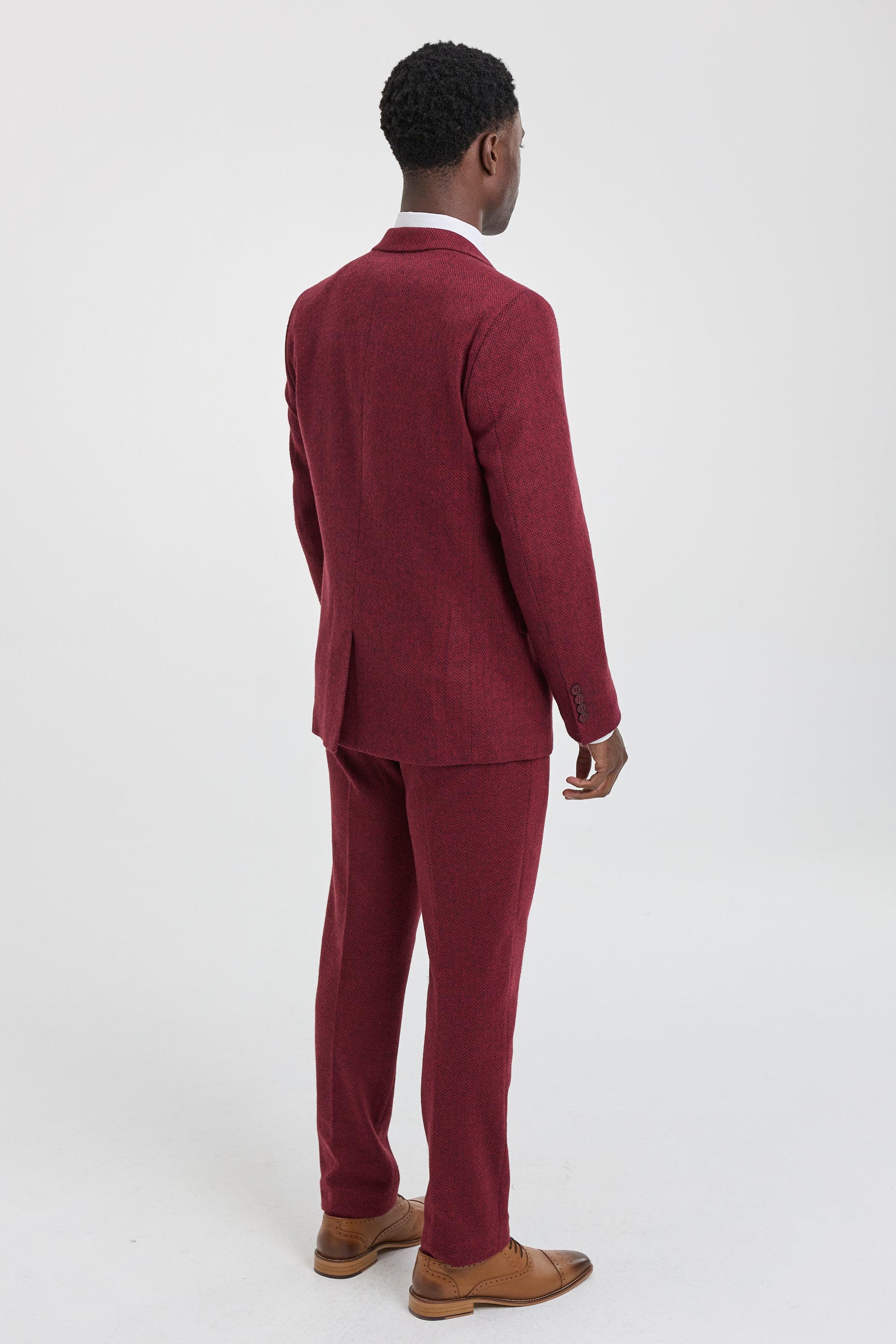 Traje de tweed de 3 piezas para hombre con estampado de espiga color vino granate - STZ11