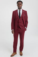 Traje de tweed de 3 piezas para hombre con estampado de espiga color vino granate - STZ11