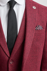 Traje de tweed de 3 piezas para hombre con estampado de espiga color vino granate - STZ11