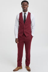 Traje de tweed de 3 piezas para hombre con estampado de espiga color vino granate - STZ11