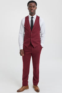 Traje de tweed de 3 piezas para hombre con estampado de espiga color vino granate - STZ11