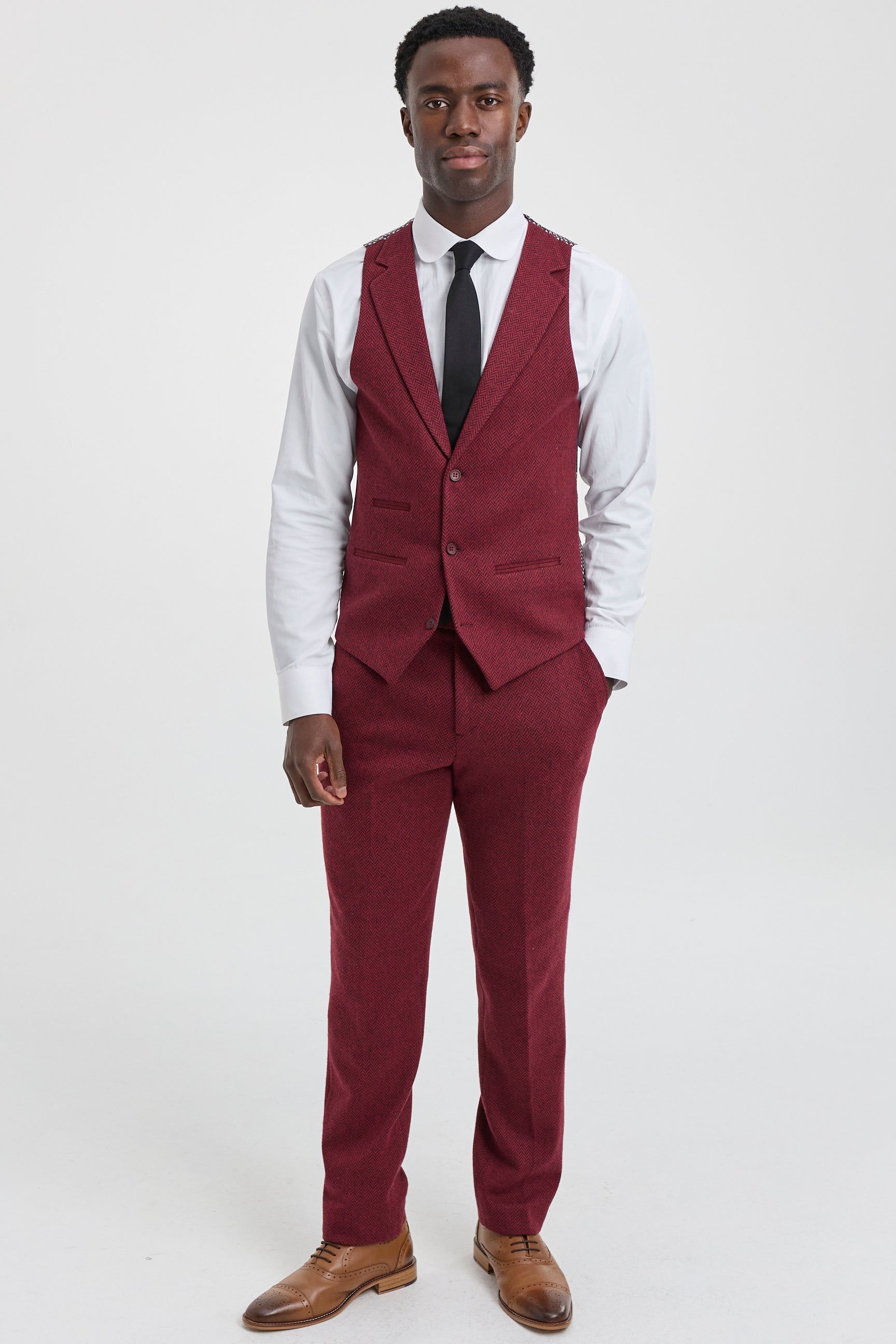 Traje de tweed de 3 piezas para hombre con estampado de espiga color vino granate - STZ11