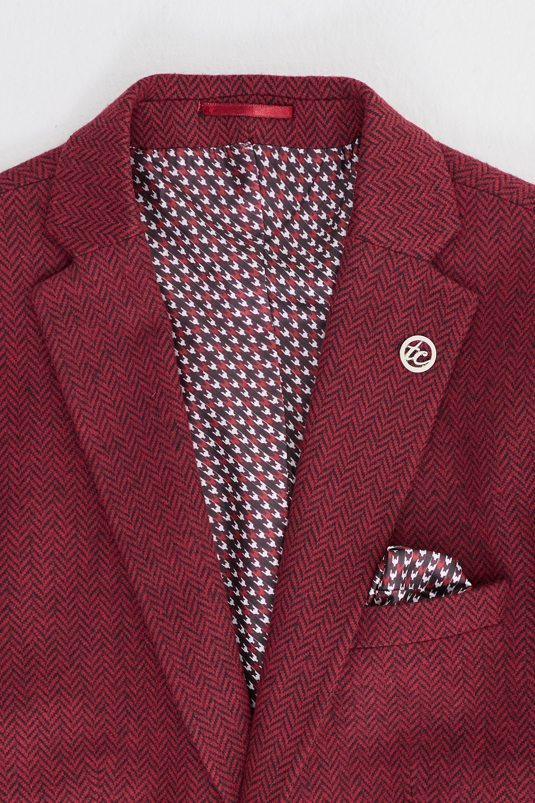 Traje de tweed de 3 piezas para hombre con estampado de espiga color vino granate - STZ11