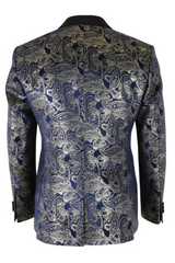 STZ63 - Blazer de esmoquin para hombre de terciopelo con estampado floral paisley azul y dorado