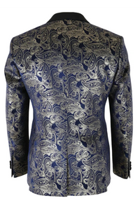 STZ63 - Blazer de esmoquin para hombre de terciopelo con estampado floral paisley azul y dorado