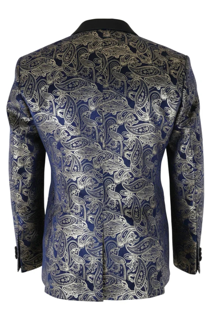 STZ63 - Blazer de esmoquin para hombre de terciopelo con estampado floral paisley azul y dorado